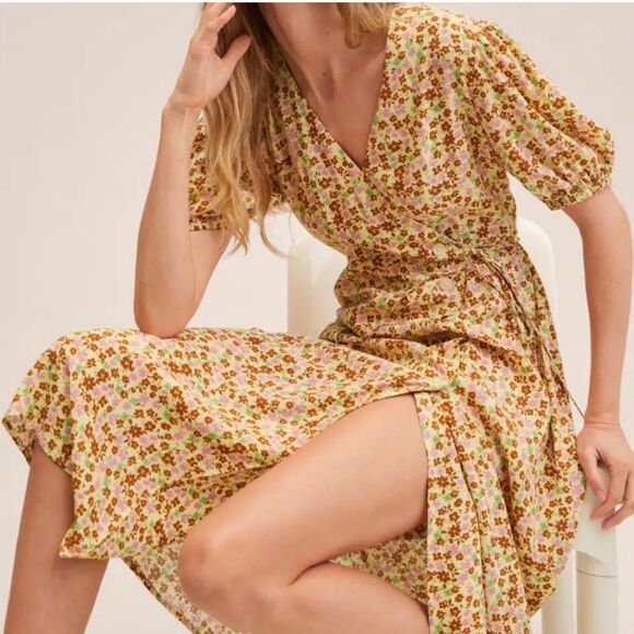 Mango Wrap Midi Dress Yellow Floral Short Sleeve Size 1XL - Picture 4 of 10